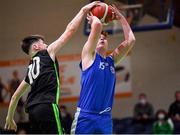 19 January 2022; Andrew Moffat of Malahide Community College is tackled by Ben Murphy of Mercy Mounthawk during the Pinergy Basketball Ireland U16 A Boys Schools Cup Final match between Malahide Community College, Dublin, and Mercy Mounthawk, Tralee, Kerry, at the National Basketball Arena in Dublin. Photo by Piaras Ó Mídheach/Sportsfile