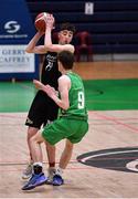 19 January 2022; Daniel Bowler of Mercy Mounthawk in action against Jake McCotter of St Malachy’s College during the Pinergy Basketball Ireland U19 A Boys Schools Cup Final match between St Malachy’s College, Belfast, and Mercy Mounthawk, Tralee, Kerry, at the National Basketball Arena in Dublin. Photo by Piaras Ó Mídheach/Sportsfile