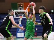 19 January 2022; Ryan Calo of St Malachy's College in action against Donal O'Sullivan, left, and Daniel Bowler of Mercy Mounthawk during the Pinergy Basketball Ireland U19 A Boys Schools Cup Final match between St Malachy’s College, Belfast, and Mercy Mounthawk, Tralee, Kerry, at the National Basketball Arena in Dublin. Photo by Piaras Ó Mídheach/Sportsfile