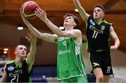 19 January 2022; Jake McCotter of St Malchy's College in action against Donal O'Sullivan, left, and Tomas Kennedy of Mercy Mounthawk during the Pinergy Basketball Ireland U19 A Boys Schools Cup Final match between St Malachy’s College, Belfast, and Mercy Mounthawk, Tralee, Kerry, at the National Basketball Arena in Dublin. Photo by Piaras Ó Mídheach/Sportsfile