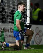 19 January 2022; Laois goalkeeper Matthew Byron celebrates after saving the last penalty, taken by Paul Cribbin of Kildare, not pictured, during sudden death in the penalty shootout of the O'Byrne Cup Semi-Final match between Laois and Kildare at Netwatch Cullen Park in Carlow. Photo by Seb Daly/Sportsfile