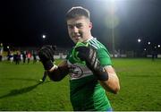 19 January 2022; Laois goalkeeper Matthew Byron celebrates after saving the last penalty during sudden death in the penalty shootout of the O'Byrne Cup Semi-Final match between Laois and Kildare at Netwatch Cullen Park in Carlow. Photo by Seb Daly/Sportsfile