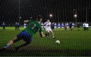 19 January 2022; Paddy Woodgate of Kildare takes a penalty, which ended up being saved by Laois goalkeeper Matthew Byron, during the penalty shootout of the O'Byrne Cup Semi-Final match between Laois and Kildare at Netwatch Cullen Park in Carlow. Photo by Seb Daly/Sportsfile
