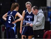 19 January 2022; Our Lady of Mercy coach Tommy O’Mahony speaking with Cailtin Gloeckner, left, and Orla Dullaghan during the Pinergy Basketball Ireland U19 A Girls Schools Cup Final match between Loreto Abbey Dalkey, Dublin, and Our Lady of Mercy, Waterford, at the National Basketball Arena in Dublin. Photo by Piaras Ó Mídheach/Sportsfile