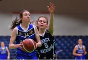 19 January 2022; Ciara Evans of Loreto Abbey Dalkey in action against Cailtin Gloeckner Our Lady of Mercy during the Pinergy Basketball Ireland U19 A Girls Schools Cup Final match between Loreto Abbey Dalkey, Dublin, and Our Lady of Mercy, Waterford, at the National Basketball Arena in Dublin. Photo by Piaras Ó Mídheach/Sportsfile