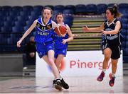 19 January 2022; Ailbhe Ryan of Loreto Abbey Dalkey in action against Ardiana Shallci Our Lady of Mercy during the Pinergy Basketball Ireland U19 A Girls Schools Cup Final match between Loreto Abbey Dalkey, Dublin, and Our Lady of Mercy, Waterford, at the National Basketball Arena in Dublin. Photo by Piaras Ó Mídheach/Sportsfile