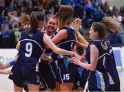 19 January 2022; Illana Fitzgerald Our Lady of Mercy, second from left, celebrates after her side's victory in the Pinergy Basketball Ireland U19 A Girls Schools Cup Final match between Loreto Abbey Dalkey, Dublin, and Our Lady of Mercy, Waterford, at the National Basketball Arena in Dublin. Photo by Piaras Ó Mídheach/Sportsfile
