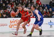 20 January 2022; Sarah Bradley of Colaiste Chiarain in action against Alisha Russell of Crescent Comprehensive during the Pinergy Basketball Ireland U16 A Girls Schools Cup Final match between Colaiste Chiarain, Leixlip, Kildare and Crescent Comprehensive, Limerick, at the National Basketball Arena in Dublin. Photo by Harry Murphy/Sportsfile
