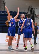 20 January 2022; Crescent Comprehensive players, from left, Alli Walsh, Rachel Somers and Alisha Russell celebrate after their side's victory in the Pinergy Basketball Ireland U16 A Girls Schools Cup Final match between Colaiste Chiarain, Leixlip, Kildare and Crescent Comprehensive, Limerick, at the National Basketball Arena in Dublin. Photo by Harry Murphy/Sportsfile