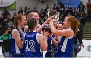 20 January 2022; Crescent Comprehensive players celebrate with the trophy after the Pinergy Basketball Ireland U16 A Girls Schools Cup Final match between Colaiste Chiarain, Leixlip, Kildare and Crescent Comprehensive, Limerick, at the National Basketball Arena in Dublin. Photo by Harry Murphy/Sportsfile