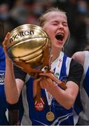 20 January 2022; MVP Ava Crean of Crescent Comprehensive with her trophy after the Pinergy Basketball Ireland U16 A Girls Schools Cup Final match between Colaiste Chiarain, Leixlip, Kildare and Crescent Comprehensive, Limerick, at the National Basketball Arena in Dublin. Photo by Harry Murphy/Sportsfile