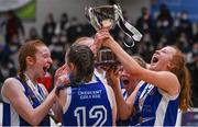 20 January 2022; Crescent Comprehensive players celebrate with the trophy after the Pinergy Basketball Ireland U16 A Girls Schools Cup Final match between Colaiste Chiarain, Leixlip, Kildare and Crescent Comprehensive, Limerick, at the National Basketball Arena in Dublin. Photo by Harry Murphy/Sportsfile