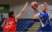 20 January 2022; Laura Naughton of Crescent Comprehensive has a shot under pressure from Ciara Farrell of Colaiste Chiarain during the Pinergy Basketball Ireland U16 A Girls Schools Cup Final match between Colaiste Chiarain, Leixlip, Kildare and Crescent Comprehensive, Limerick, at the National Basketball Arena in Dublin. Photo by Harry Murphy/Sportsfile