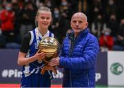 20 January 2022;  MVP Ava Crean of Crescent Comprehensive is presented her trophy by Ger Tarrant after the Pinergy Basketball Ireland U16 A Girls Schools Cup Final match between Colaiste Chiarain, Leixlip, Kildare and Crescent Comprehensive, Limerick, at the National Basketball Arena in Dublin. Photo by Harry Murphy/Sportsfile
