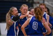 20 January 2022; Crescent Comprehensive players Ava Crean, left, and Hannah O'Byrne celebrate after their side's victory in the Pinergy Basketball Ireland U16 A Girls Schools Cup Final match between Colaiste Chiarain, Leixlip, Kildare and Crescent Comprehensive, Limerick, at the National Basketball Arena in Dublin. Photo by Harry Murphy/Sportsfile