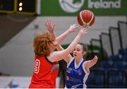 20 January 2022; Laura Naughton of Crescent Comprehensive blocks Alannah Diffney of Colaiste Chiarain during the Pinergy Basketball Ireland U16 A Girls Schools Cup Final match between Colaiste Chiarain, Leixlip, Kildare and Crescent Comprehensive, Limerick, at the National Basketball Arena in Dublin. Photo by Harry Murphy/Sportsfile
