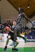 20 January 2022; Darragh McGovern of St Louis in action against Denis Mathews of Crescent Comprehensive during the Pinergy Basketball Ireland U16 B Boys Schools Cup Final match between St Louis CS, Kiltimagh, Mayo and Crescent Comprehensive, Limerick, at the National Basketball Arena in Dublin. Photo by Harry Murphy/Sportsfile