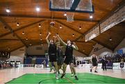 20 January 2022; A general view of Oisin Mulderrig, left, and Oisin McNicholas of St Louis in action against Con Kirby of Crescent Comprehensive during the Pinergy Basketball Ireland U16 B Boys Schools Cup Final match between St Louis CS, Kiltimagh, Mayo and Crescent Comprehensive, Limerick, at the National Basketball Arena in Dublin. Photo by Harry Murphy/Sportsfile