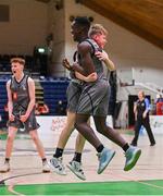 20 January 2022; Denis Mathews, right, and Rory Gleeson of Crescent Comprehensive celebrate after their side's victory in the Pinergy Basketball Ireland U16 B Boys Schools Cup Final match between St Louis CS, Kiltimagh, Mayo and Crescent Comprehensive, Limerick, at the National Basketball Arena in Dublin. Photo by Harry Murphy/Sportsfile