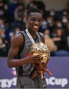 20 January 2022; Denis Mathews of Crescent Comprehensive with the MVP trophy after the Pinergy Basketball Ireland U16 B Boys Schools Cup Final match between St Louis CS, Kiltimagh, Mayo and Crescent Comprehensive, Limerick, at the National Basketball Arena in Dublin. Photo by Harry Murphy/Sportsfile