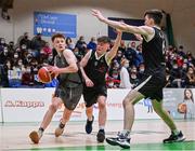 20 January 2022; Sean Morrissey of Crescent Comprehensive in action against Darragh McGovern of St Louis during the Pinergy Basketball Ireland U16 B Boys Schools Cup Final match between St Louis CS, Kiltimagh, Mayo and Crescent Comprehensive, Limerick, at the National Basketball Arena in Dublin. Photo by Harry Murphy/Sportsfile
