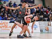 20 January 2022; Darragh McGovern of St Louis in action against Con Kirby of Crescent Comprehensive during the Pinergy Basketball Ireland U16 B Boys Schools Cup Final match between St Louis CS, Kiltimagh, Mayo and Crescent Comprehensive, Limerick, at the National Basketball Arena in Dublin. Photo by Harry Murphy/Sportsfile