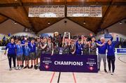 20 January 2022; Crescent Comprehensive players celebrate with the trophy after their side's victory in the Pinergy Basketball Ireland U16 B Boys Schools Cup Final match between St Louis CS, Kiltimagh, Mayo and Crescent Comprehensive, Limerick, at the National Basketball Arena in Dublin. Photo by Harry Murphy/Sportsfile