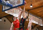 20 January 2022; Aivaras Uosis of Pobailscoil Chorca Dhuibhne in action against Milo Ó Fiacháin of Gaelcholáiste Cheatharlach during the Pinergy Basketball Ireland U19 C Boys Schools Cup Final match between Gaelcholaiste Cheatharlach, Carlow, and Pobailscoil Chorca Dhuibhne, Dingle, Kerry, at the National Basketball Arena in Dublin. Photo by Harry Murphy/Sportsfile