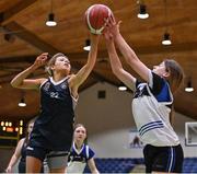 20 January 2022; Alex Fegan of Colaiste Muire Crosshaven in action against Ellie Sargeant of OLSPCK during the Pinergy Basketball Ireland U16 B Girls Schools Cup Final match between OLSPCK, Belfast, and Colaiste Muire Crosshaven, Cork, at the National Basketball Arena in Dublin. Photo by Harry Murphy/Sportsfile