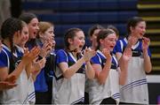 20 January 2022; OLSPCK players including Lisa Wilson, centre, celebrate after their side's victory in the Pinergy Basketball Ireland U16 B Girls Schools Cup Final match between OLSPCK, Belfast, and Colaiste Muire Crosshaven, Cork, at the National Basketball Arena in Dublin. Photo by Harry Murphy/Sportsfile