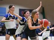 20 January 2022; Rebecca Curran of Colaiste Muire Crosshaven in action against Lara McNicholl, centre, and Maebh Napier of OLSPCK during the Pinergy Basketball Ireland U16 B Girls Schools Cup Final match between OLSPCK, Belfast, and Colaiste Muire Crosshaven, Cork, at the National Basketball Arena in Dublin. Photo by Harry Murphy/Sportsfile