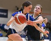 20 January 2022; Maebh Napier of OLSPCK in action against Rebecca Curran of Colaiste Muire Crosshaven during the Pinergy Basketball Ireland U16 B Girls Schools Cup Final match between OLSPCK, Belfast, and Colaiste Muire Crosshaven, Cork, at the National Basketball Arena in Dublin. Photo by Harry Murphy/Sportsfile