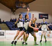 20 January 2022; Rebecca Curran of Colaiste Muire Crosshaven in action against Eimear Napier, centre, and Maebh Napier of OLSPCK during the Pinergy Basketball Ireland U16 B Girls Schools Cup Final match between OLSPCK, Belfast, and Colaiste Muire Crosshaven, Cork, at the National Basketball Arena in Dublin. Photo by Harry Murphy/Sportsfile
