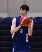19 January 2022; Jimmy Gilligan of Blackrock College during the Pinergy Basketball Ireland U19 B Boys Schools Cup Final match between Blackrock College, Dublin, and St Munchin’s College, Limerick, at the National Basketball Arena in Dublin. Photo by Piaras Ó Mídheach/Sportsfile