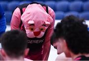 19 January 2022; St Munchin’s College mascot Sam Duggan, wearing a Pink Panther suit, during a time-out in the Pinergy Basketball Ireland U19 B Boys Schools Cup Final match between Blackrock College, Dublin, and St Munchin’s College, Limerick, at the National Basketball Arena in Dublin. Photo by Piaras Ó Mídheach/Sportsfile