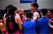 19 January 2022; Liam Finn of St Munchin's College, centre, celebrates after his side's victory in the Pinergy Basketball Ireland U19 B Boys Schools Cup Final match between Blackrock College, Dublin, and St Munchin’s College, Limerick, at the National Basketball Arena in Dublin. Photo by Piaras Ó Mídheach/Sportsfile