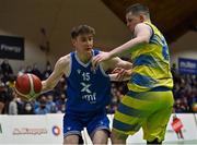 21 January 2022; Luke Sutton of UCC Demons in action against Luke Gilleran of UCD Marian during the InsureMyHouse.ie U20 Men's National Cup Final match between UCC Blue Demons, Cork and UCD Marian, Dublin at the National Basketball Arena in Tallaght, Dublin. Photo by Brendan Moran/Sportsfile