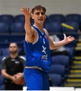 21 January 2022; Jack O'Leary of UCC Demons appeals a call during the InsureMyHouse.ie U20 Men's National Cup Final match between UCC Blue Demons, Cork and UCD Marian, Dublin at the National Basketball Arena in Tallaght, Dublin. Photo by Brendan Moran/Sportsfile