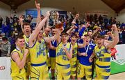 21 January 2022; The UCD Marian team celebrate with the cup after the InsureMyHouse.ie U20 Men's National Cup Final match between UCC Blue Demons, Cork and UCD Marian, Dublin at the National Basketball Arena in Tallaght, Dublin. Photo by Brendan Moran/Sportsfile