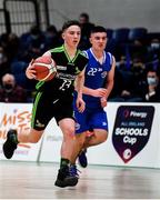 19 January 2022; Paddy Lane of Mercy Mounthawl in action against Aaron Doyle of Malahide Community College during the Pinergy Basketball Ireland U16 A Boys Schools Cup Final match between Malahide Community College, Dublin, and Mercy Mounthawk, Tralee, Kerry, at the National Basketball Arena in Dublin. Photo by Piaras Ó Mídheach/Sportsfile