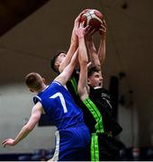 19 January 2022; Daniel Kirby, right, and Paddy Lane of Mercy Mounthaw in action against Ewan Dodds of Malahide Community College during the Pinergy Basketball Ireland U16 A Boys Schools Cup Final match between Malahide Community College, Dublin, and Mercy Mounthawk, Tralee, Kerry, at the National Basketball Arena in Dublin. Photo by Piaras Ó Mídheach/Sportsfile