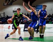 19 January 2022; Daniel Kirby of Mercy Mounthawk in action against Aaron Doyle of Malahide Community College during the Pinergy Basketball Ireland U16 A Boys Schools Cup Final match between Malahide Community College, Dublin, and Mercy Mounthawk, Tralee, Kerry, at the National Basketball Arena in Dublin. Photo by Piaras Ó Mídheach/Sportsfile