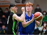 19 January 2022; Andrew Moffat of Malahide Community College in action against Ben Murphy of Mercy Mounthawk during the Pinergy Basketball Ireland U16 A Boys Schools Cup Final match between Malahide Community College, Dublin, and Mercy Mounthawk, Tralee, Kerry, at the National Basketball Arena in Dublin. Photo by Piaras Ó Mídheach/Sportsfile