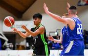 19 January 2022; Ryne Ybanez of Mercy Mounthawk in action against Ewan Dodds and Aaron Doyle, 22, of Malahide Community College during the Pinergy Basketball Ireland U16 A Boys Schools Cup Final match between Malahide Community College, Dublin, and Mercy Mounthawk, Tralee, Kerry, at the National Basketball Arena in Dublin. Photo by Piaras Ó Mídheach/Sportsfile