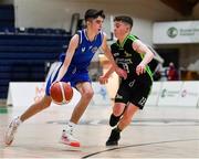 19 January 2022; Jack Collins of Malahide Community College in action against Paddy Lane of Mercy Mounthawk during the Pinergy Basketball Ireland U16 A Boys Schools Cup Final match between Malahide Community College, Dublin, and Mercy Mounthawk, Tralee, Kerry, at the National Basketball Arena in Dublin. Photo by Piaras Ó Mídheach/Sportsfile