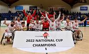 22 January 2022; The Rebel Wheelers team celebrate with the cup after the InsureMyHouse.ie IWA Cup final match between Killester BC, Dublin, and Rebel Wheelers, Cork, at National Basketball Arena in Tallaght, Dublin. Photo by Brendan Moran/Sportsfile