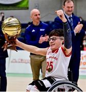 22 January 2022; Conor Coughlan of Rebel Wheelers celebrates after being named MVP of the InsureMyHouse.ie IWA Cup final match between Killester BC, Dublin, and Rebel Wheelers, Cork, at National Basketball Arena in Tallaght, Dublin. Photo by Brendan Moran/Sportsfile