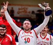 22 January 2022; Derek Hegarty of Rebel Wheelers celebrates his side's third cup in a row after the InsureMyHouse.ie IWA Cup final match between Killester BC, Dublin, and Rebel Wheelers, Cork, at National Basketball Arena in Tallaght, Dublin. Photo by Brendan Moran/Sportsfile