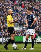 22 January 2022; Leinster captain Jonathan Sexton is informed by referee Andrea Piardi that a try is ruled out as he waits to kick a conversion during the Heineken Champions Cup Pool A match between Bath and Leinster at The Recreation Ground in Bath, England. Photo by Harry Murphy/Sportsfile
