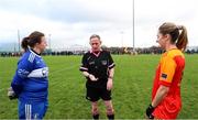 22 January 2022; Referee John Devlin with Castleisland Desmonds captain Fiona Griffin, left, and Castlebar Mitchels captain Lisa McManamon at the coin toss before the 2021 currentaccount.ie All-Ireland Ladies Intermediate Club Football Championship Semi-Final match between Castlebar Mitchels, Mayo and Castleisland Desmonds, Kerry at Páirc Josie Munnelly in Castlebar, Mayo. Photo by Michael P Ryan/Sportsfile